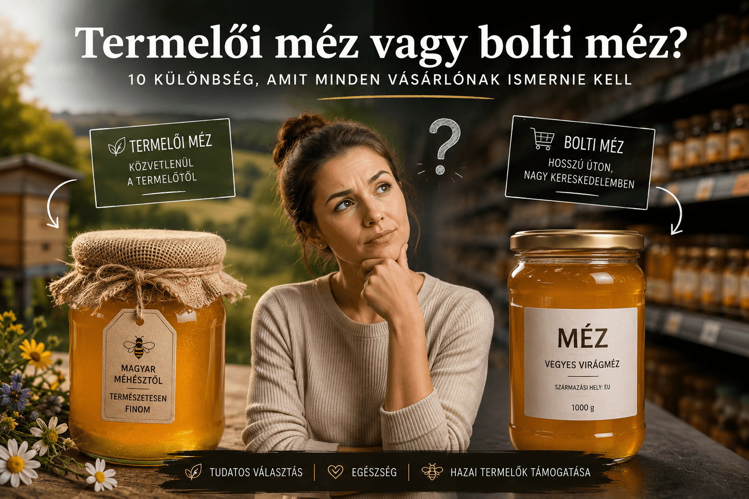 Termelői mézesüvegek, mézpergető csepegő mézzel és méhész a magyar tájban