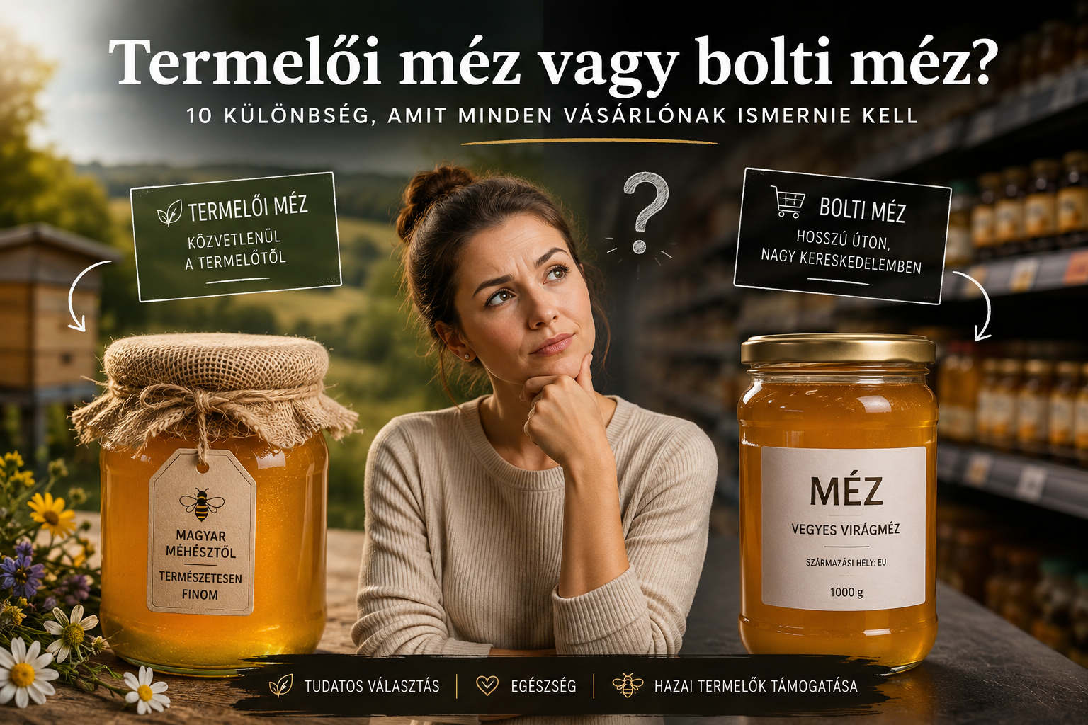 Termelői mézesüvegek, mézpergető csepegő mézzel és méhész a magyar tájban